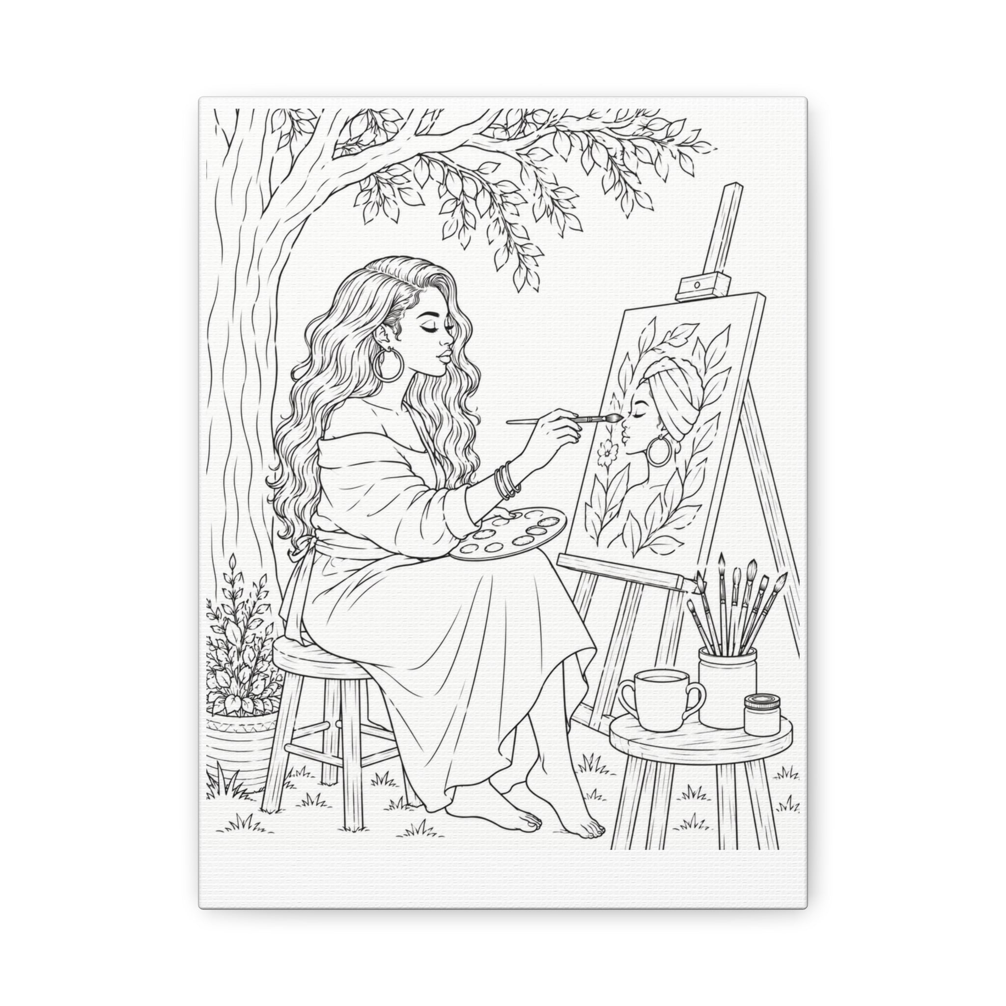 Artist Under the Tree (Side Part Long) | Paint & Sip Canvas