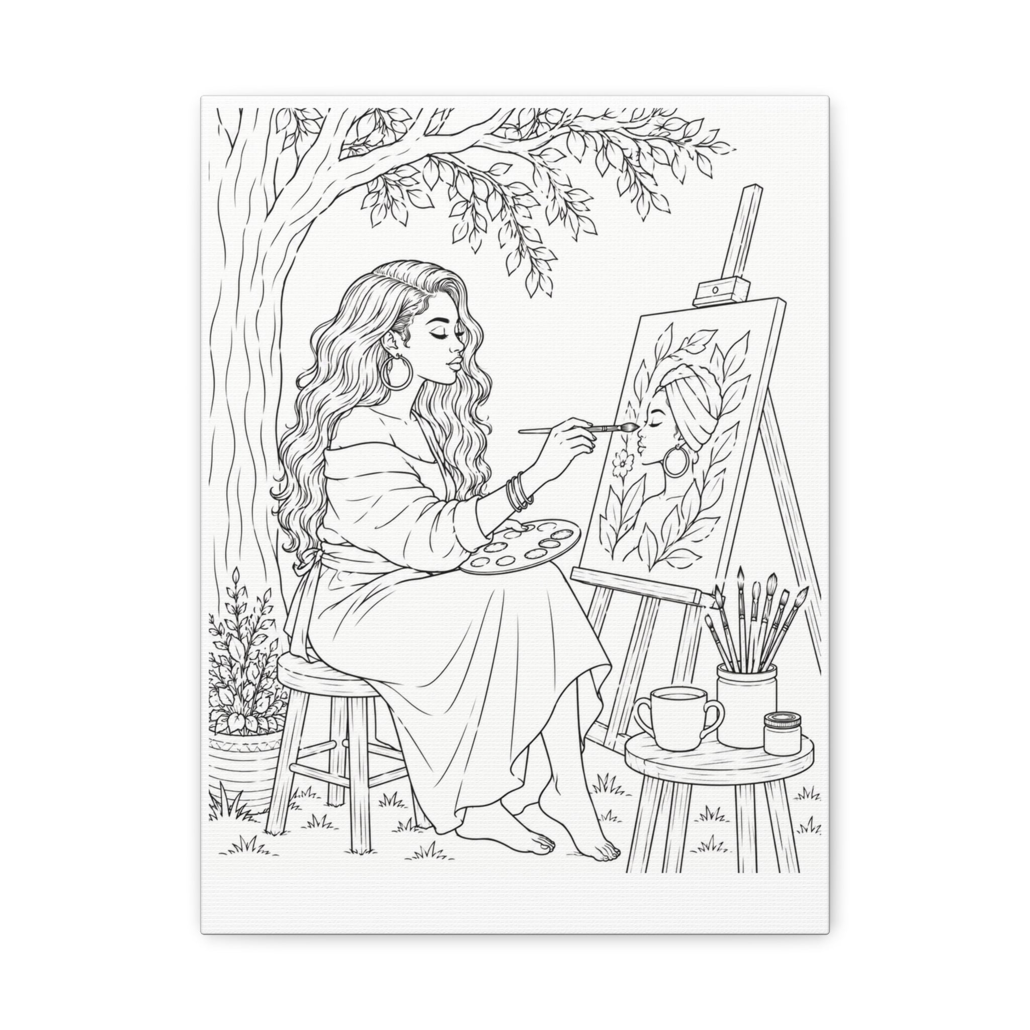 Artist Under the Tree (Side Part Long) | Paint & Sip Canvas